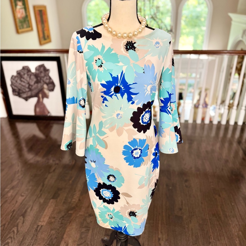 Beautiful Calvin Klein Floral Midi Dress w/ Long Bell Sleeves! - Picture 2 of 8